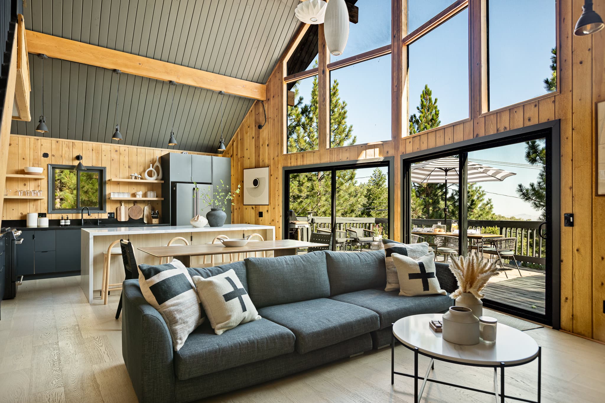 Living room with soaring A-frame windows